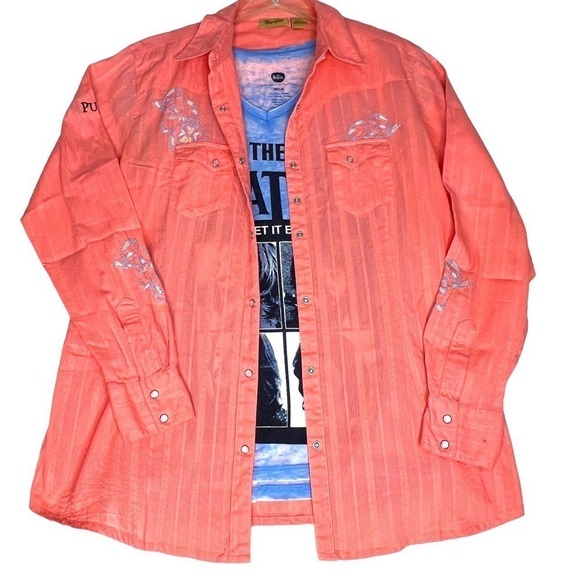 Wrangler Pearl Snap Western Long sleeve Embroidered Salmon Large - Picture 2 of 16